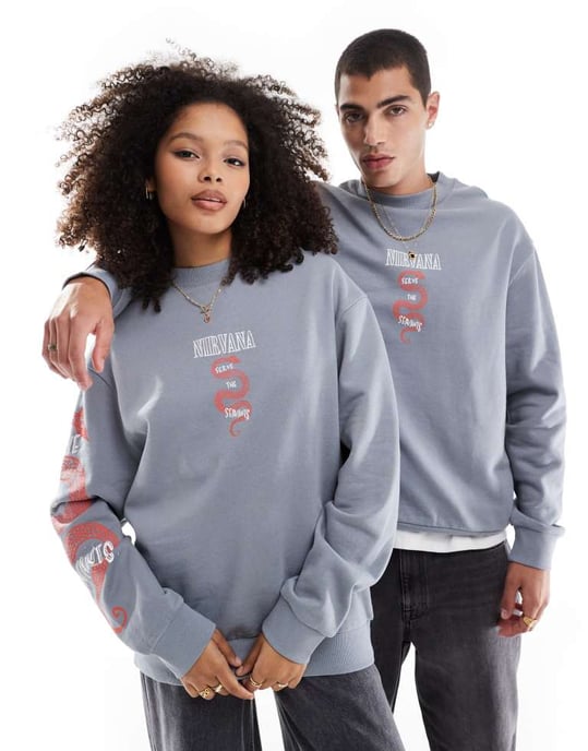 ASOS DESIGN unisex Relaxed sweatshirt with Nirvana Serve The Servants prints in grey - GREY - Image 2