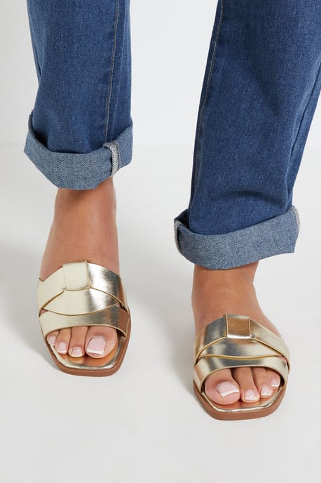 Flossy Faux Leather Interwoven Flat Sliders - Image 1