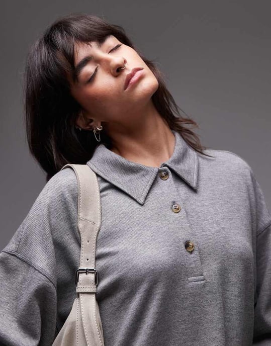 Topshop premium rib polo top in grey - Image 2