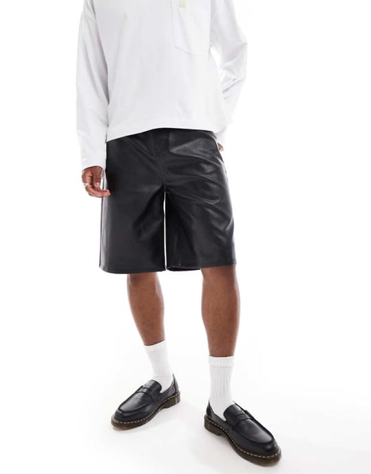 ASOS DESIGN long length faux leather shorts in black - Image 1