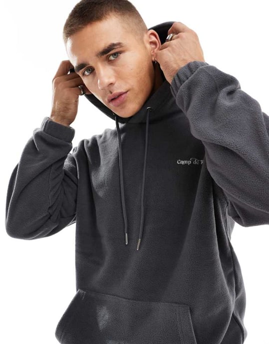 ONLY & SONS oversized fleece hoodie with base camp back print in grey - Image 3