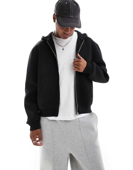 ASOS DESIGN heavyweight relaxed boxy zip through hoodie in scuba-style fabric in black - Image 1