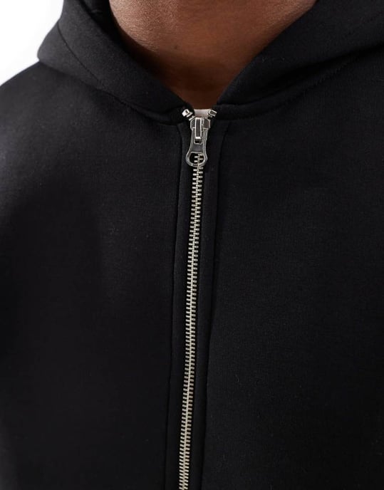 ASOS DESIGN heavyweight relaxed boxy zip through hoodie in scuba-style fabric in black - Image 2
