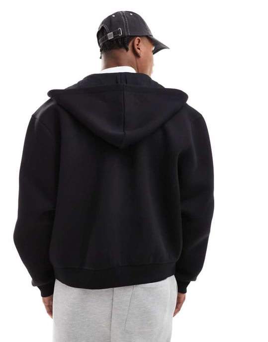 ASOS DESIGN heavyweight relaxed boxy zip through hoodie in scuba-style fabric in black - Image 3