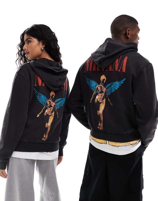 ASOS DESIGN unisex Relaxed hoodie with Nirvana prints in washed black - Image 2