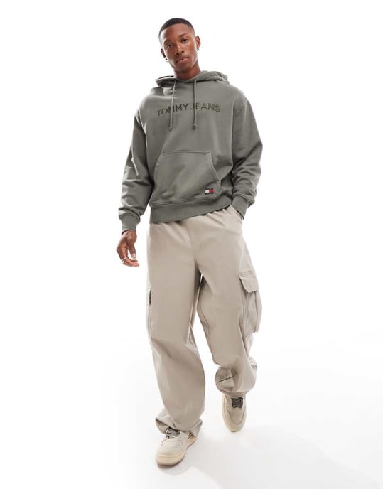 Tommy Jeans tonal linear logo hoodie in washed khaki - Image 4