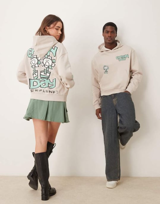 ASOS DESIGN unisex boxy oversized hoodie with Green Day prints in grey - Image 1