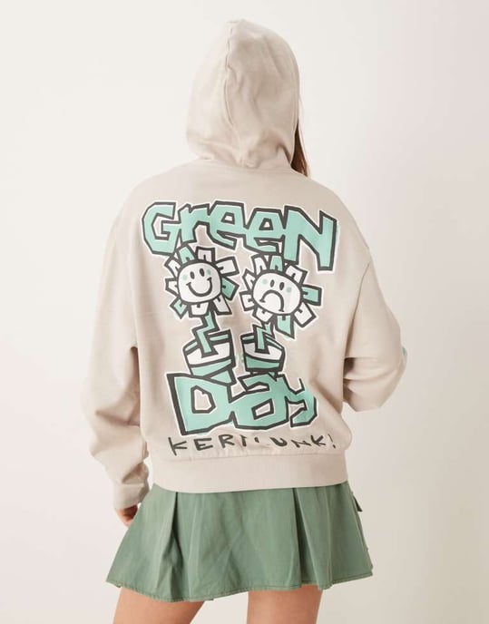 ASOS DESIGN unisex boxy oversized hoodie with Green Day prints in grey - Image 2
