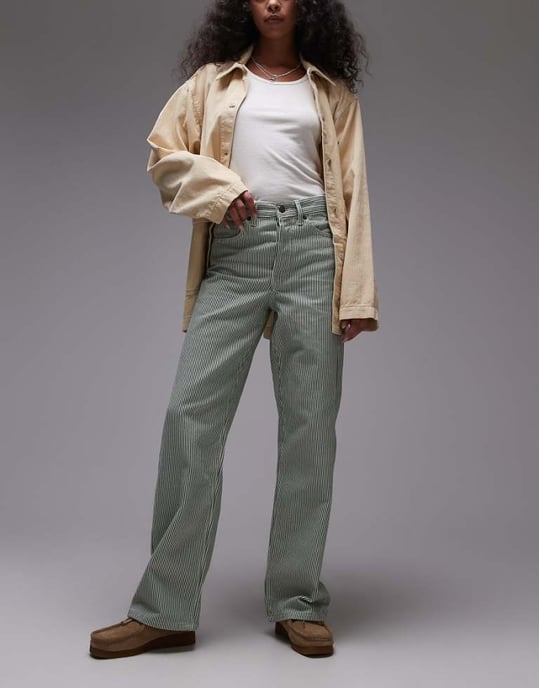 Topshop mid rise loose fit straight jean in green stripe - Image 1