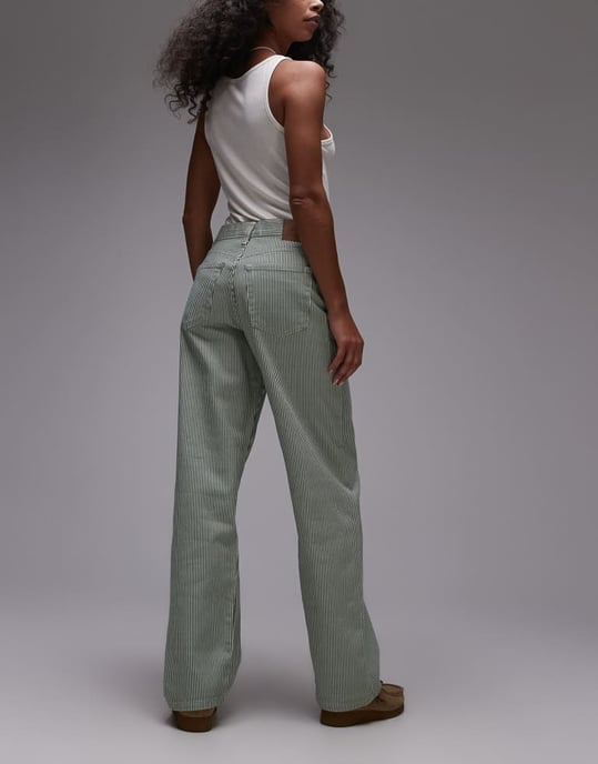 Topshop mid rise loose fit straight jean in green stripe - Image 2