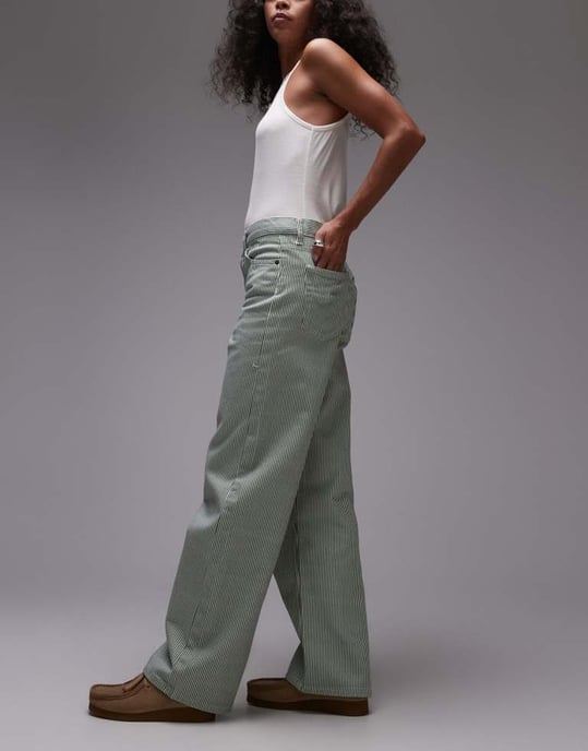 Topshop mid rise loose fit straight jean in green stripe - Image 3