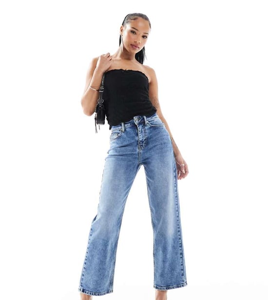 Miss Selfridge Petite heart pocket straight leg jean in blue wash - Image 1