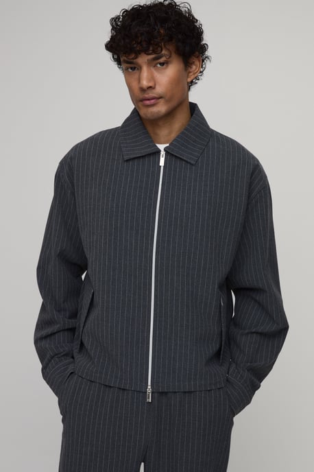 Textured Stripe Double Zip Boxy Harrington Jacket Co-ord - Image 1