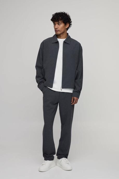 Textured Stripe Double Zip Boxy Harrington Jacket Co-ord - Image 4