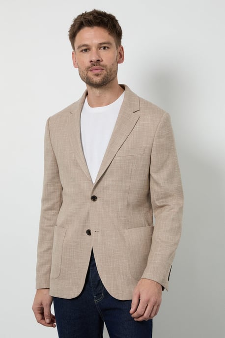 Beige Textured Patch Pocket Slim Fit Blazer - Image 1
