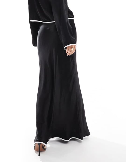 ASOS DESIGN satin bias contrast maxi skirt in black - Image 4