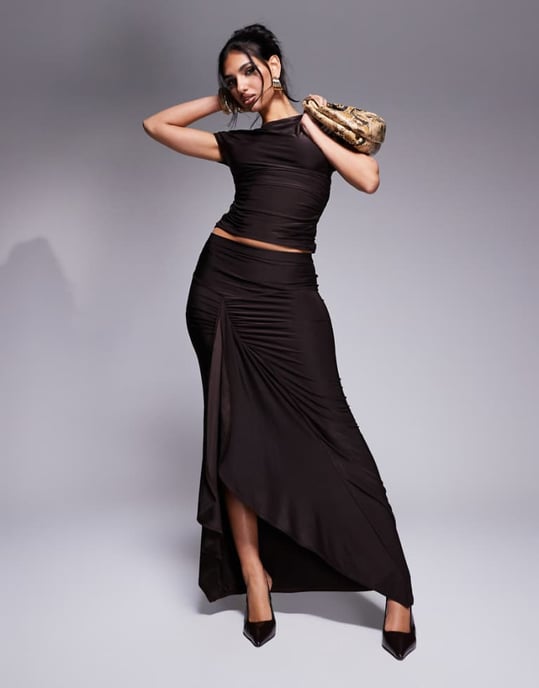 Kaiia exclusive double layered slinky drape detail maxi skirt co-ord in chocolate - Image 1