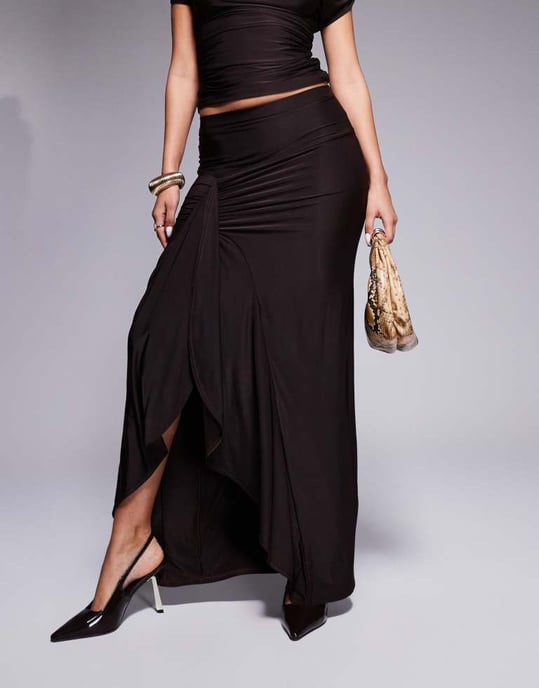Kaiia exclusive double layered slinky drape detail maxi skirt co-ord in chocolate - Image 2