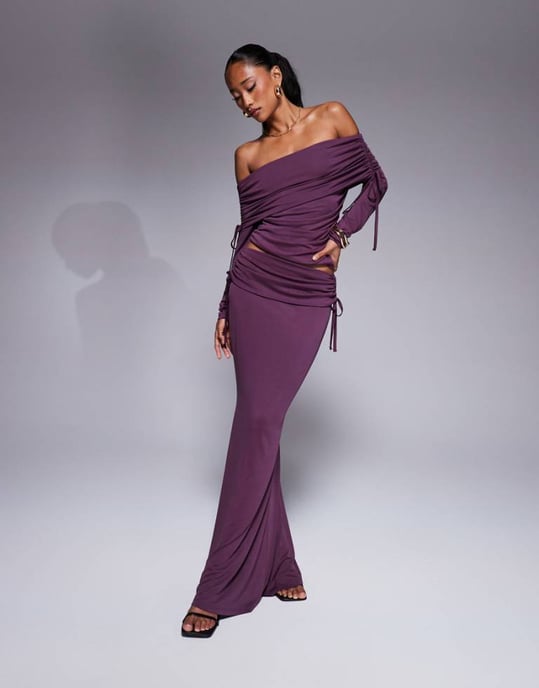 ASOS DESIGN soft handle fold over waist fishtail maxi skirt with side ruching in burgundy - Image 1