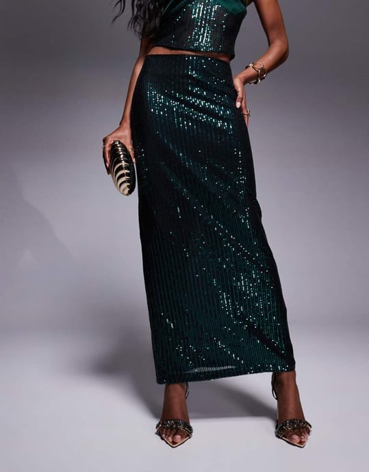Missyempire back split maxi skirt co-ord in emerald sequin - Image 2