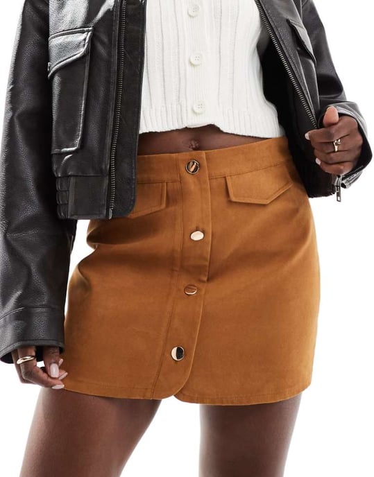 ASOS DESIGN button front pocket detail faux suede skort in tan - Image 1