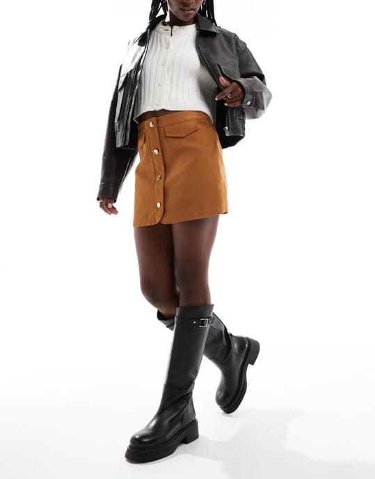 ASOS DESIGN button front pocket detail faux suede skort in tan - Image 2