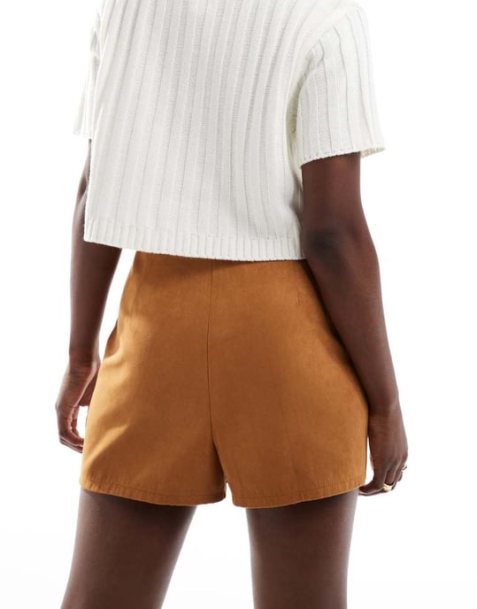 ASOS DESIGN button front pocket detail faux suede skort in tan - Image 3
