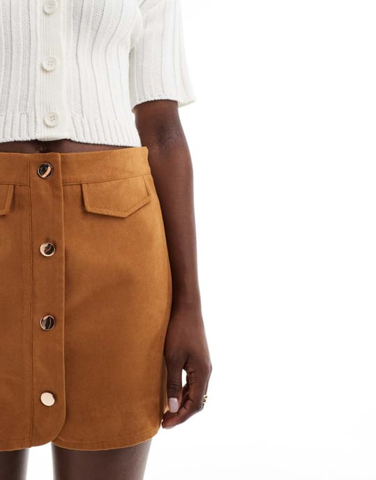 ASOS DESIGN button front pocket detail faux suede skort in tan - Image 4