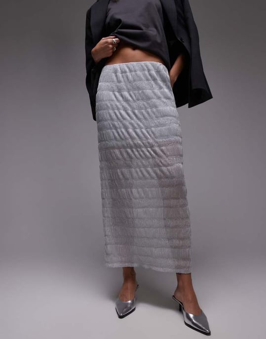 Topshop sheer crinkle midi skirt in silver - Image 1