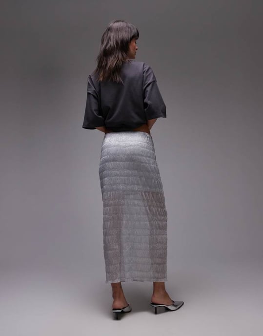 Topshop sheer crinkle midi skirt in silver - Image 2