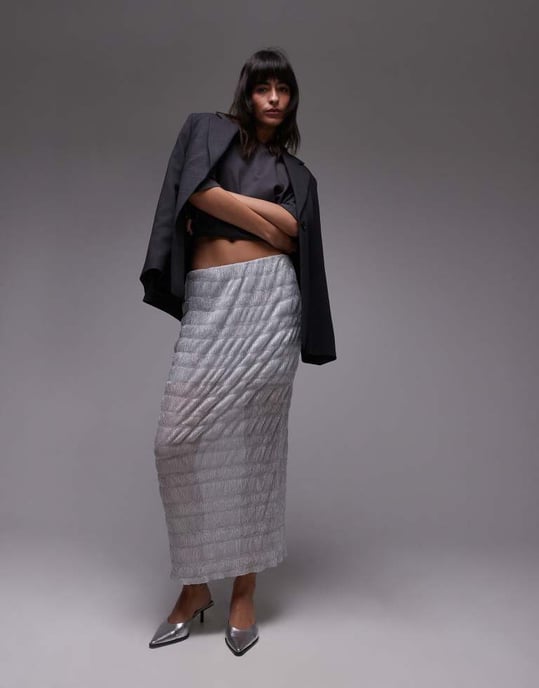 Topshop sheer crinkle midi skirt in silver - Image 3
