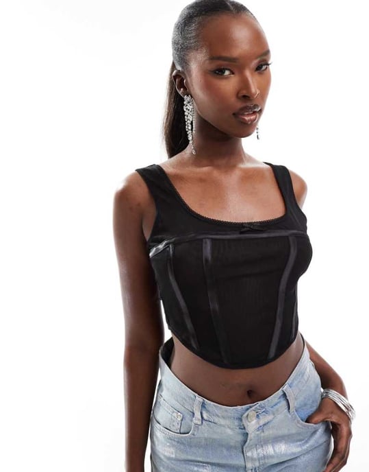 ASOS DESIGN sleeveless mesh corset top in black - Image 1