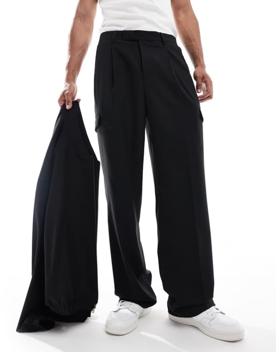 ASOS DESIGN smart co-ord wide leg cargo trousers in black - Image 2