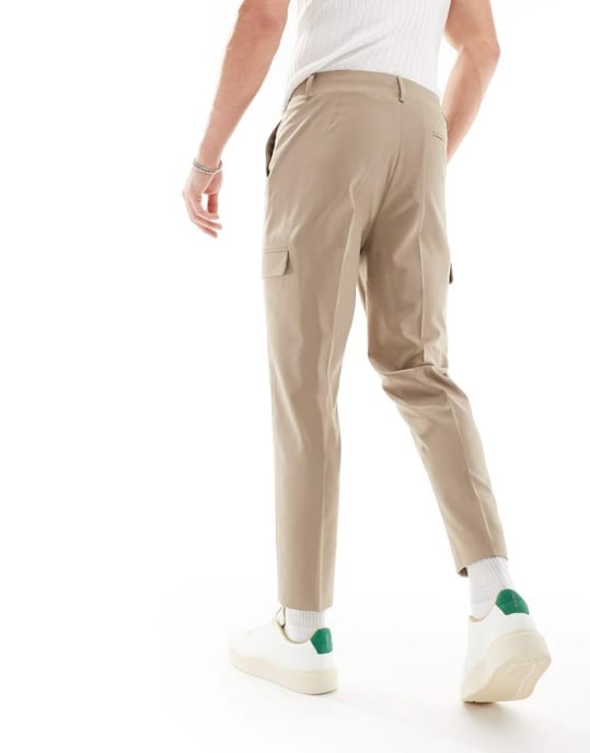 ASOS DESIGN smart tapered trouser with cargo pockets in stone - Image 3