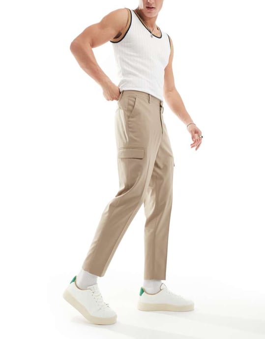 ASOS DESIGN smart tapered trouser with cargo pockets in stone - Image 4