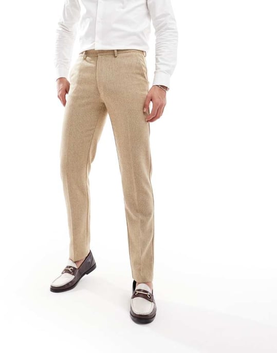 ASOS DESIGN wedding slim wool mix suit trouser in beige basketweave texture - Image 2