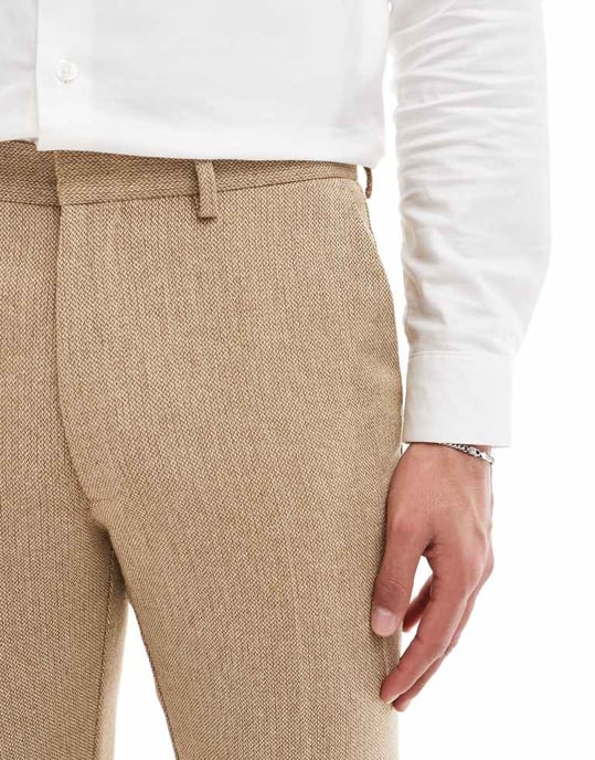 ASOS DESIGN wedding slim wool mix suit trouser in beige basketweave texture - Image 3