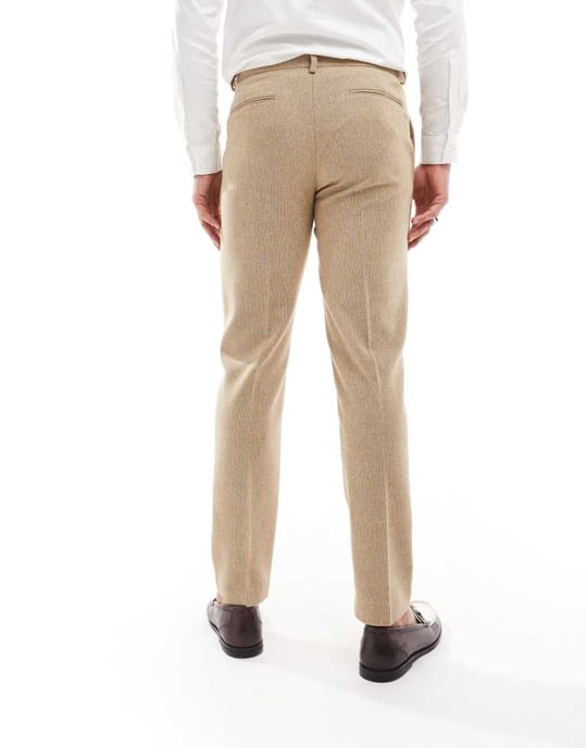 ASOS DESIGN wedding slim wool mix suit trouser in beige basketweave texture - Image 4