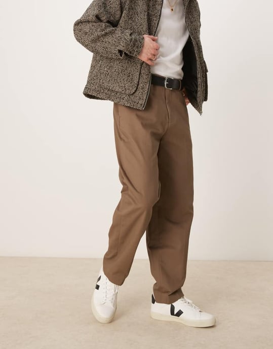 ASOS DESIGN smart oversized tapered cotton chino trousers with front pleat in khaki - Image 2