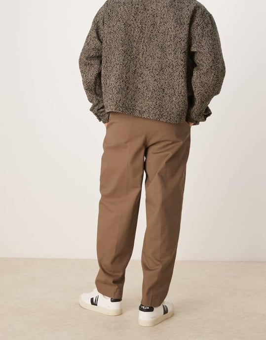 ASOS DESIGN smart oversized tapered cotton chino trousers with front pleat in khaki - Image 4