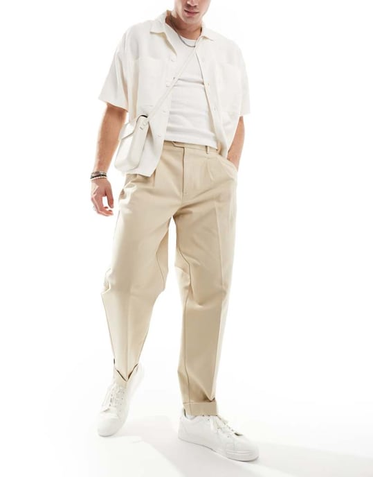 ASOS DESIGN smart premium cotton oversized tapered chino trousers in stone - Image 4