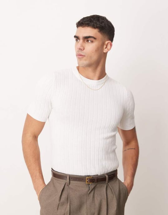 ASOS DESIGN muscle fit lightweight knitted rib t-shirt in white - Image 1