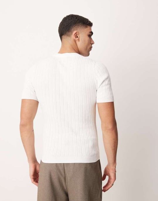 ASOS DESIGN muscle fit lightweight knitted rib t-shirt in white - Image 3