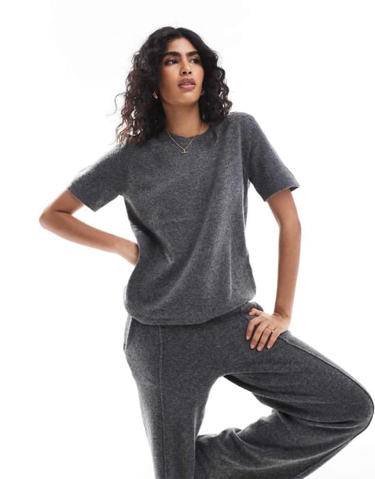 Pieces mix & match cozy knitted t-shirt co-ord in dark grey melange - Image 1