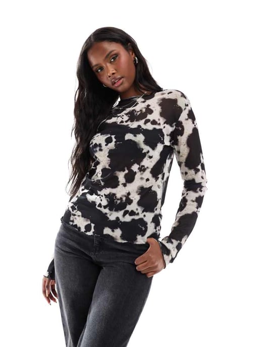 Object long sleeve mesh top in cow print - Image 1