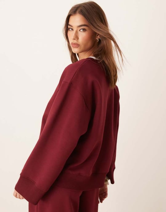 ASOS DESIGN interlock oversized crew neck top in burgundy co-ord - Image 3