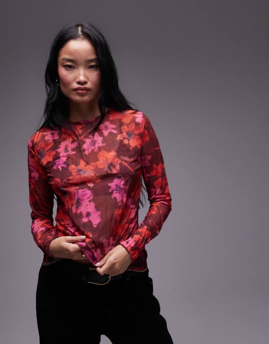 Topshop floral print crinkle mesh long sleeve top in burgundy - Image 1