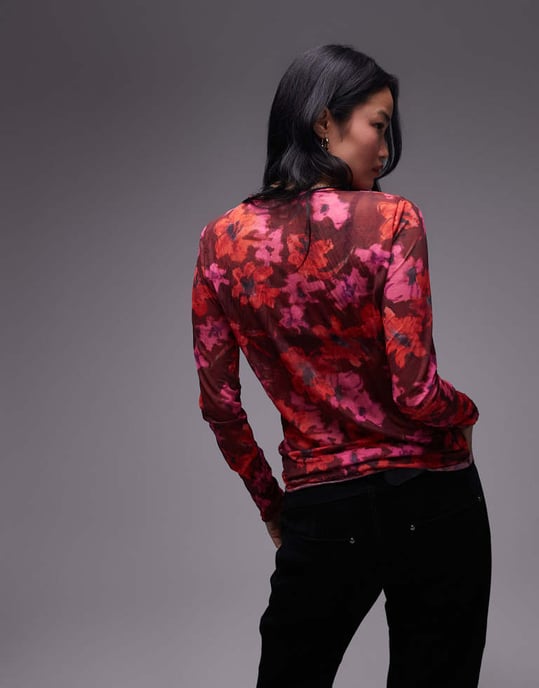Topshop floral print crinkle mesh long sleeve top in burgundy - Image 2