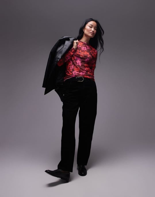 Topshop floral print crinkle mesh long sleeve top in burgundy - Image 3