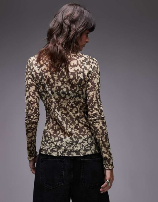 Topshop crinkle blurred abstract print long sleeve top in multi - Image 3